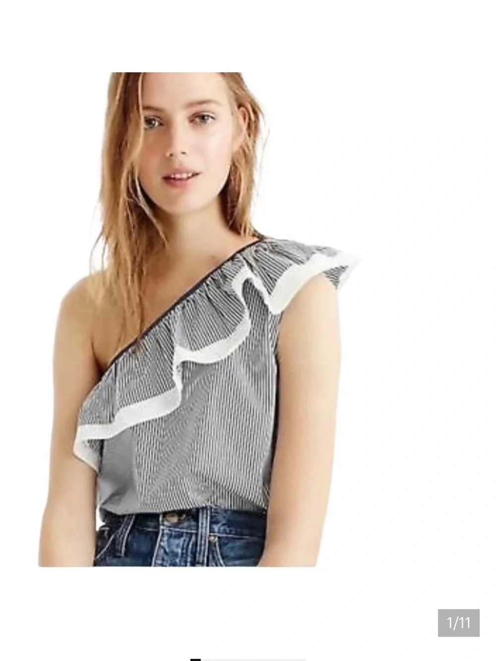 J. Crew Striped One-Shoulder Ruffle Top in Navy and White